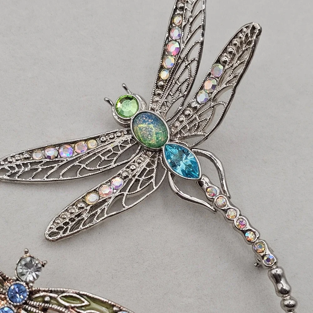 Dragonfly Brooch Pin Set 2pc Silver Tone Blue Green Rhinestone Enamel Pastels